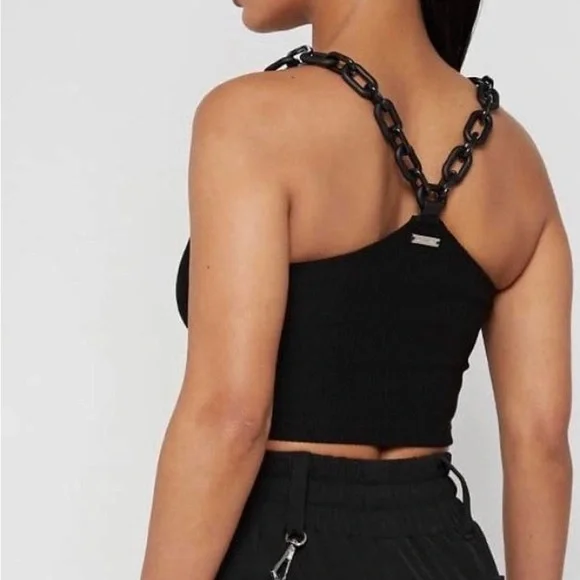 MANIERE DE VOIR Black Chain-Strap Ribbed Crop Tank - Picture 5 of 6
